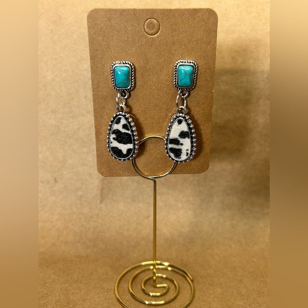 #444 | Turquoise & Cowhide 🐄 Post Dangle Earrings